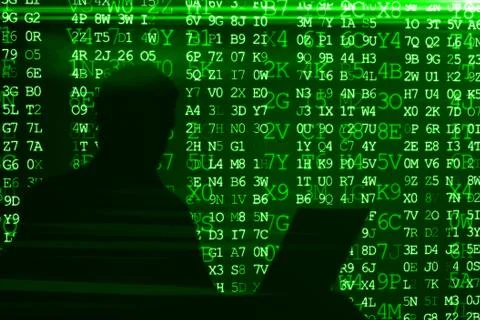 Conceptual image of a hacker on matrix background of falling green computer c Illustrazione stock