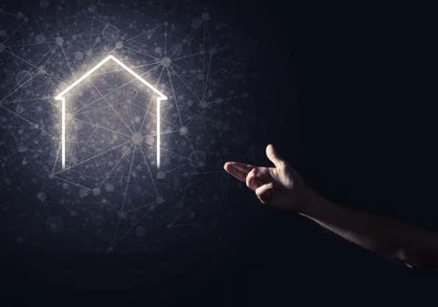 Conceptual image with hand pointing at house or main page icon o 스톡 일러스트