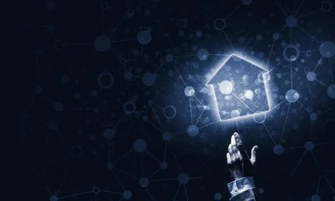Conceptual image with hand pointing at house or main page icon o 스톡 일러스트