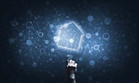 Conceptual image with hand pointing at house or main page icon on dark 스톡 일러스트