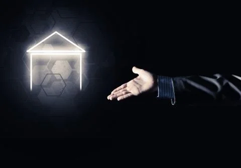 Conceptual image with hand pointing at house or main page icon o 스톡 일러스트