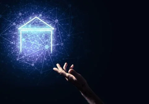 Conceptual image with hand pointing at house or main page icon o 스톡 일러스트