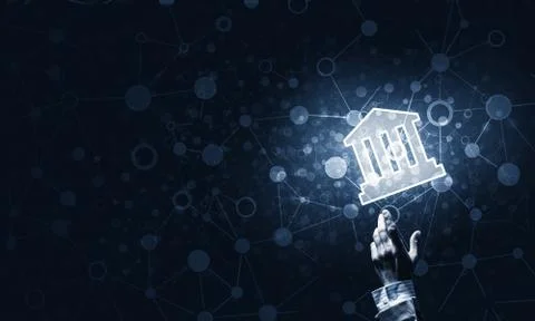 Conceptual image with hand pointing at house or main page icon o 스톡 일러스트