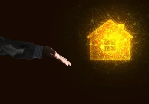 Conceptual image with hand pointing at house or main page icon on dark 스톡 일러스트