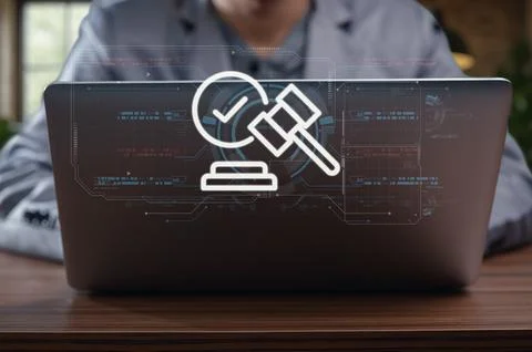 Conceptual Image of Justice and Law with Technology Interface Stock Photos