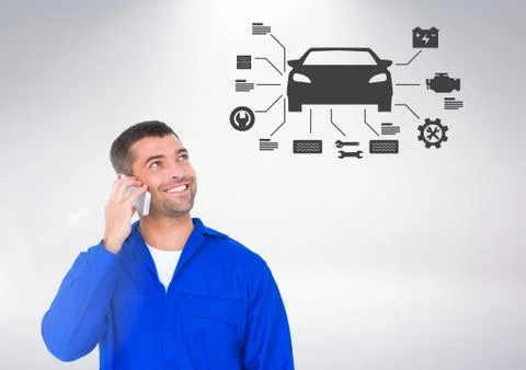 Conceptual image of mechanic talking on mobile phone while looking at vector car Stock Photos