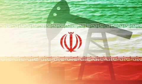 Conceptual image of an oil pump jack silhouette overlaid on the flag of Ira.. Photos
