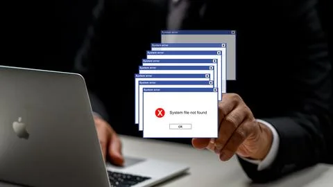 Conceptual image of a professional facing multiple cascading system error w.. Foto stock