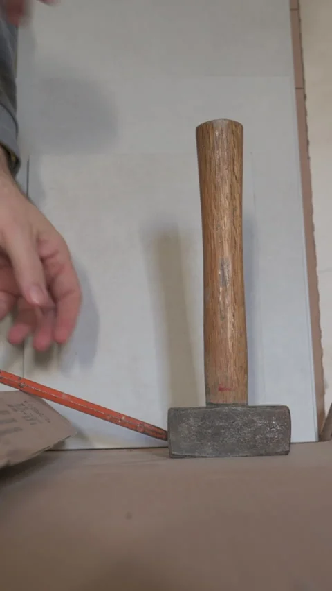 Conceptual image of renovation in progress: hammer and chisel grasped in hands. Vídeos de archivo 320972163