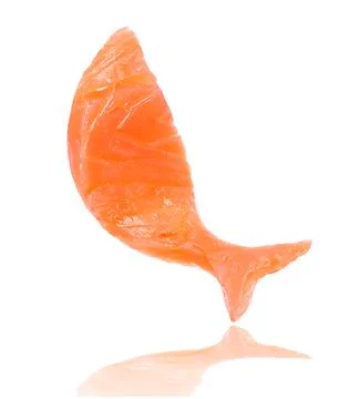 Conceptual image of a slice of red fish close-up on a white background, iso.. Stock Photos