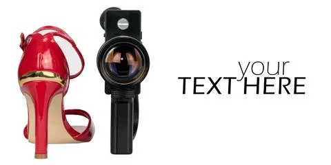Conceptual image. Spaces for text. Red, sexy high heels and camera. Heel cine Stock Photos