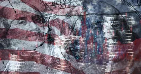 A conceptual image that superimposes elements of the US flag, dollars and b.. Stock Photos