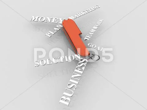 Conceptual image using business words with a swiss army knife metaphor Stock Illustration
