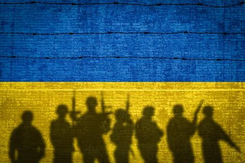 Conceptual image of war between Russia and Ukraine with shadow of soldier aga Stock Illustration
