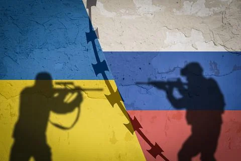 Conceptual image of war between Russia and Ukraine with shadow of soldier aga Stock-Illustration