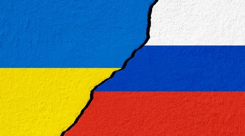 Conceptual image of war between Russia and Ukraine with cracked wall with nat Stock-Illustration
