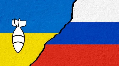 Conceptual image of war between Russia and Ukraine with cracked wall and bomb Stock-Illustration