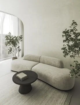 Conceptual interior room with arched stucco wall and window with curtain Illustrazione stock
