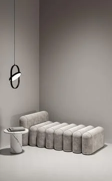 Conceptual interior room with gray wall. Creative composition bench with lamp Illustrazione stock