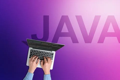 Conceptual Java programming language with person with laptop. Stock Photos