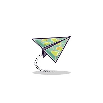 Conceptual journey using handcrafted map paper airplane soaring high above .. Ilustração Stock