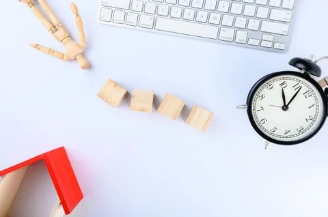 Conceptual, Keyboard on a white table. flower world globe, and watch ,copy sp Stock Photos