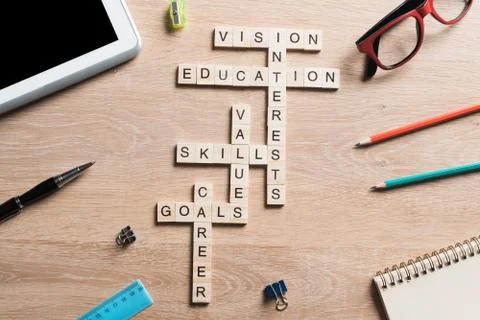 Conceptual keywords on wooden table with elements of game making crossword Stock Photos