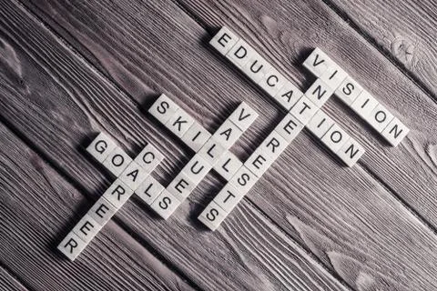 Conceptual keywords on wooden table with elements of game making crossword Stock Photos
