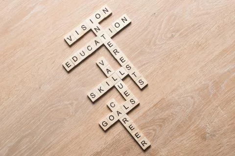 Conceptual keywords on wooden table with elements of game making crossword Stock Photos