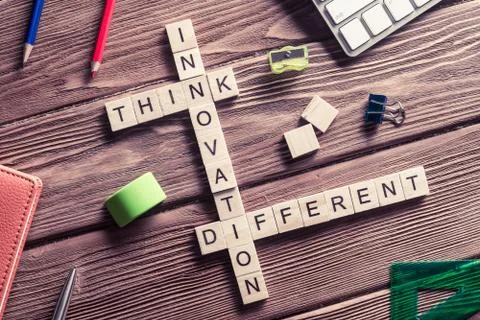 Conceptual keywords on wooden table with elements of game making Stock Photos