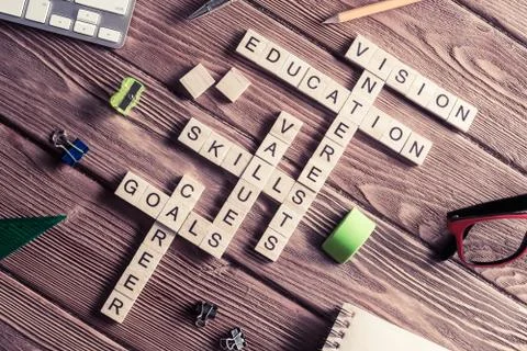Conceptual keywords on wooden table with elements of game making Stock Photos