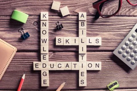 Conceptual keywords on wooden table with elements of game making Stock Photos