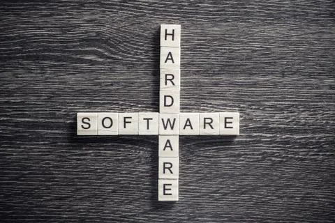 Conceptual media keywords on table with elements of game making Foto stock