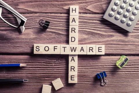 Conceptual media keywords on table with elements of game making Stock Photos