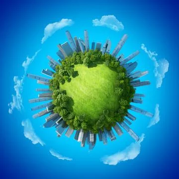 Conceptual mini planet green forest and empty copy space glade along Illustrazione stock