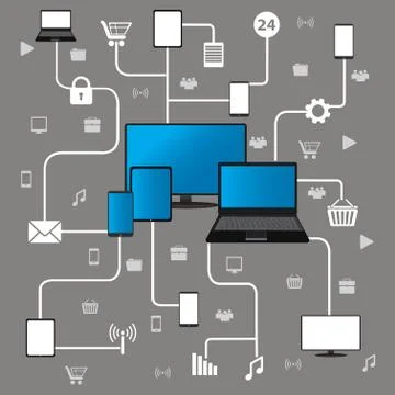 Conceptual picture of connection between gadgets, icons, network Stock Illustration