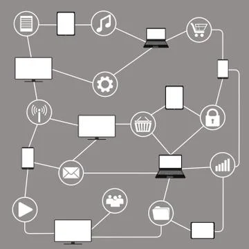 Conceptual picture of connection between gadgets, icons, network Illustrazione stock