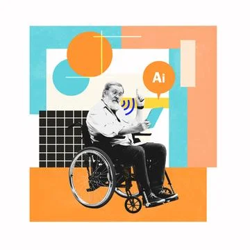 Conceptual pixel collage. Accessibility tech. Young man in wheelchair using Stock Photos