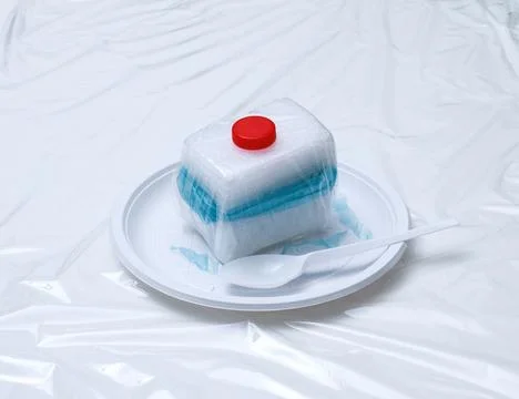 Conceptual Plastic Cake Representing Microplastics and Food Pollution 스톡 사진