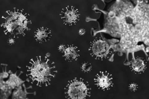 Conceptual rendering of Coronavirus closeup under microscope, black and white Stock Illustration