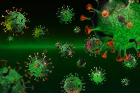 Conceptual rendering of Coronavirus closeup under microscope on green Stock Illustration