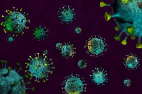 Conceptual rendering of Coronavirus closeup under microscope on dark purple Stock Illustration