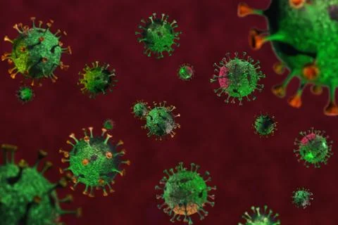 Conceptual rendering of Coronavirus under microscope on blood red background Stock Illustration