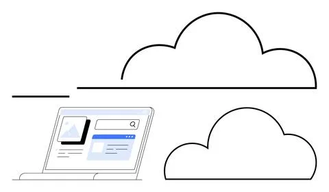 Conceptual Representation of Cloud Computing with Laptop and Cloud Icons Stock Illustration