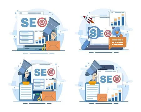 Conceptual SEO analysis and optimization strategy concept set Stock Illustration