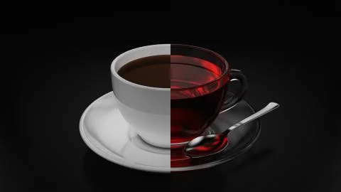 Conceptual set with half of tea cup and half of coffee cup, 3D rendering Stock Illustration