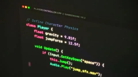Conceptual source code for game character physics. Stock Photos