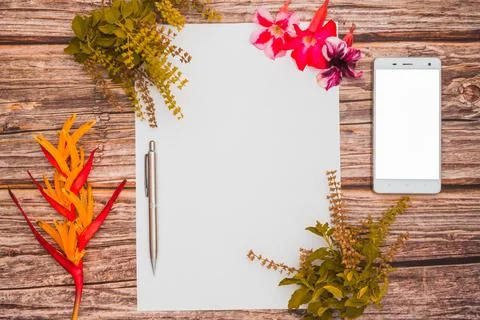 Conceptual space for text, which consists of blank paper, azalea, basil flowe Stock Photos