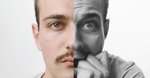 Conceptual Split Portrait of Young Man Showing Calm and Anxious Emotions Stock Photos