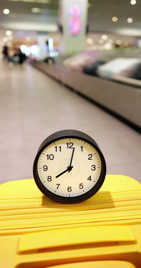 Conceptual time lapse of fast clock hands on yellow suitcase at baggage claim Stock Footage 345643945
